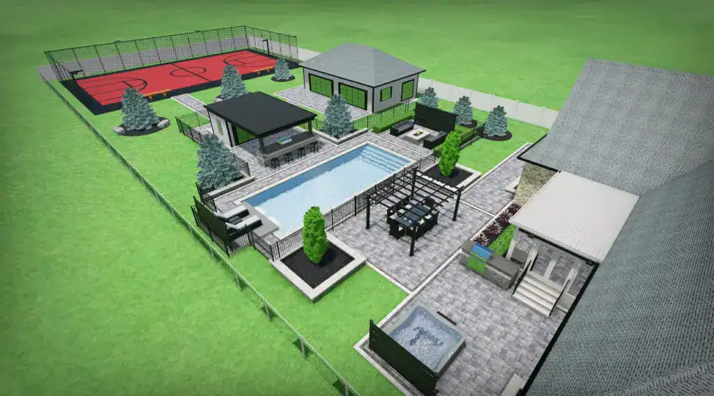 Bright, modern backyard featuring swimming pool, seating area, and sports court.